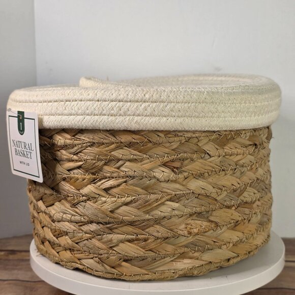 Natural Woven Basket W/ Woven Cloth Lid - Handmade Storage Container - Picture 2 of 9